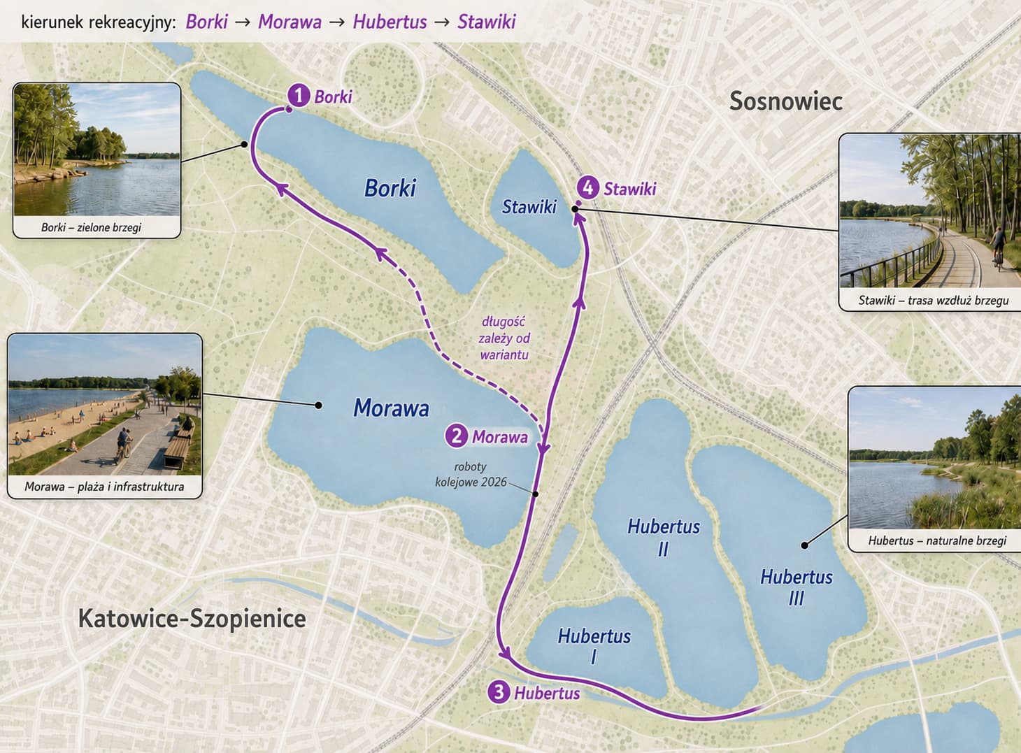 Mapa trasy rowerowej przez Borki, Morawę, Hubertus i Stawiki