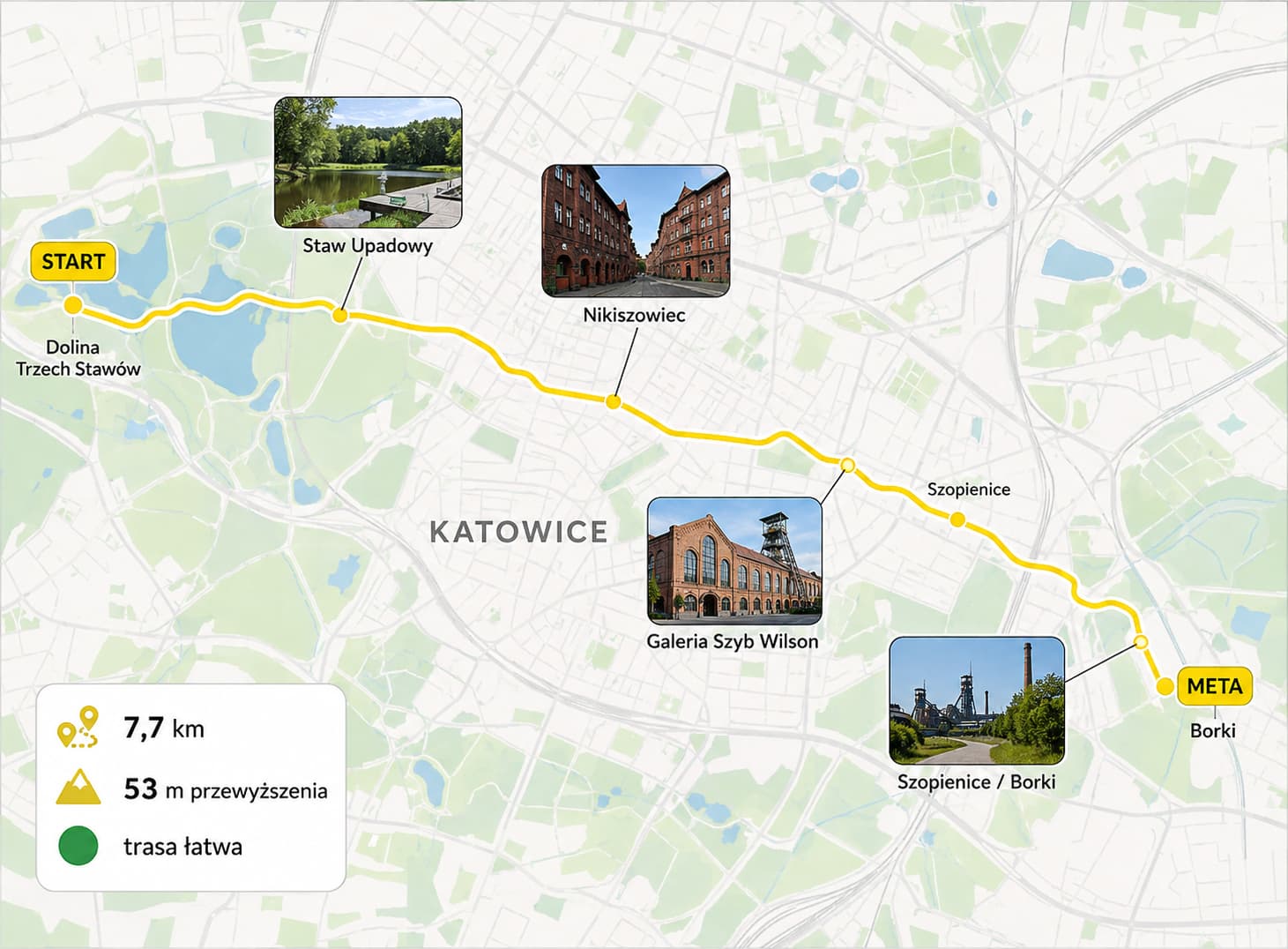 Mapa żółtego szlaku rowerowego nr 5 przez Nikiszowiec, Szopienice i Borki